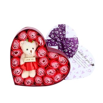 Heart-shaped gift box with soap roses and bear Red - Valentine&#039;s Day - Mother&#039;s Day