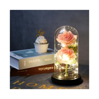 Rose in bell jar with lighting double Pink - Valentine&#039;s Day - Mother&#039;s Day TIP