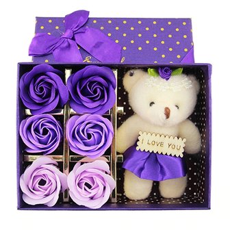 Gift box with soap roses and bear I Love You (Purple) - Mother&#039;s Day - Valentine&#039;s Day TIP