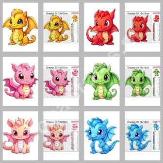 Diamond Painting Patterns Set Cute Little Dragons 01 15x15cm (6 pieces)