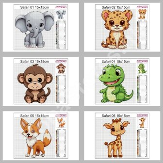 Diamond Painting Patterns Set Cute Safari Animals 01 15x15cm (6 pieces)