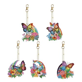 Diamond Painting Sleutelhanger set Regenboog Vlinders (5 stuks)