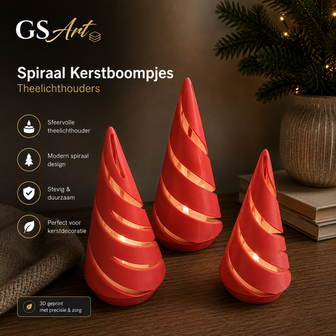 GSArt Spiraal Kerstboompjes Theelichthouders - Set van 3 met LED Theelichtjes - Scharlaken Rood