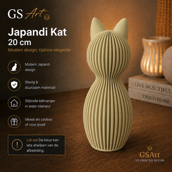 GSArt Japandi Kat 20 cm - Modern 3D Geprint Decoratiebeeld - Mat Woestijnbeige