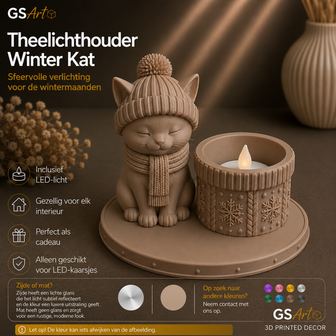 GSArt Theelichthouder Winter Kat - Inclusief LED-kaarsje - Mat Lattebruin