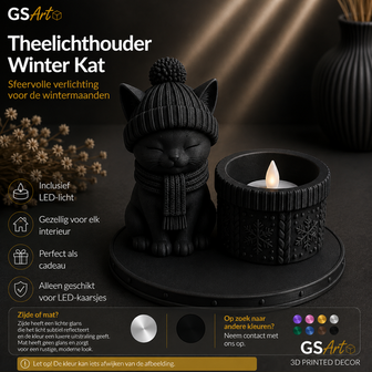 GSArt Theelichthouder Winter Kat - Inclusief LED-kaarsje - Mat Zwart