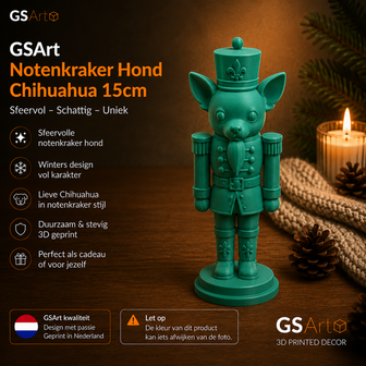 GSArt Notenkraker Kerst Hond Chihuahua 15 cm - Kerstdecoratie - 3D Geprint Beeld - Maretak Groen