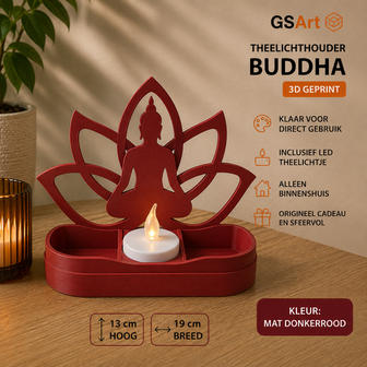 GSArt Theelichthouder Buddha 19cm - Lotus - Inclusief LED Theelichtje - Mat Donkerrood