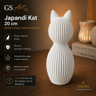 GSArt Japandi Kat 20 cm - Modern 3D Geprint Decoratiebeeld - Mat Wit