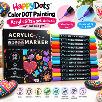 HappyDots Color DOT Painting Acrylic Markers Deluxe &ndash; 12 Colors &ndash; Dual Tip