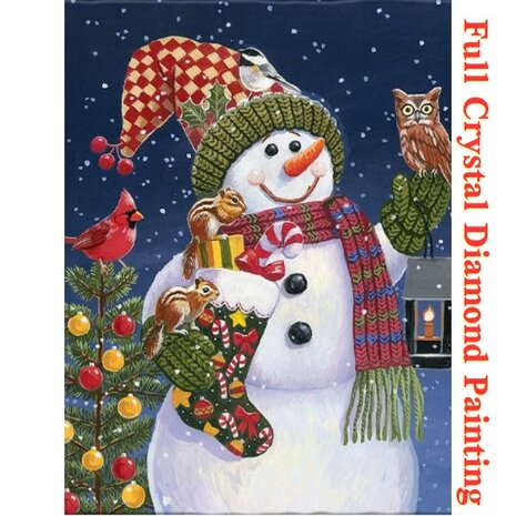 Crystal Diamond Painting Sneeuwpop met uil en eekhoorns Kerst (formaat naar keuze).