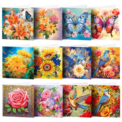 Diamond Painting Greeting Cards Set 005 Flowers, Birds, and Butterflies (12 pieces)