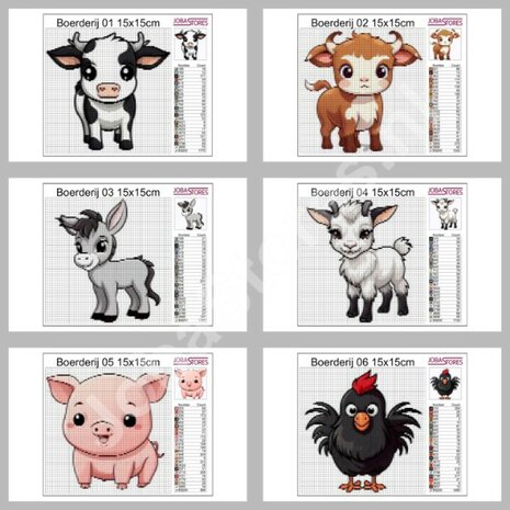 Diamond Painting Patterns Set Cute Farm Animals 01 15x15cm (6 pieces)