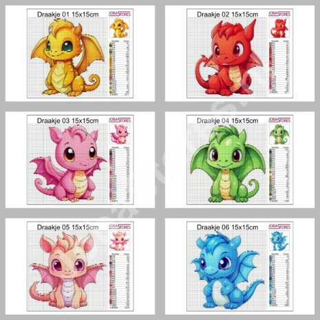 Diamond Painting Patterns Set Cute Little Dragons 01 15x15cm (6 pieces)