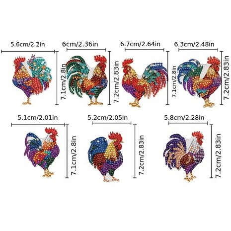 Diamond Painting Keychain Set Roosters (7 pieces)