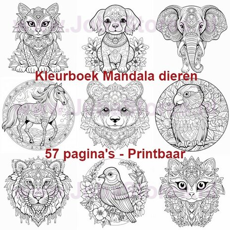 Digitaal Kleurboek voor volwassenen Mandala dieren 01 (57 kleurplaten)