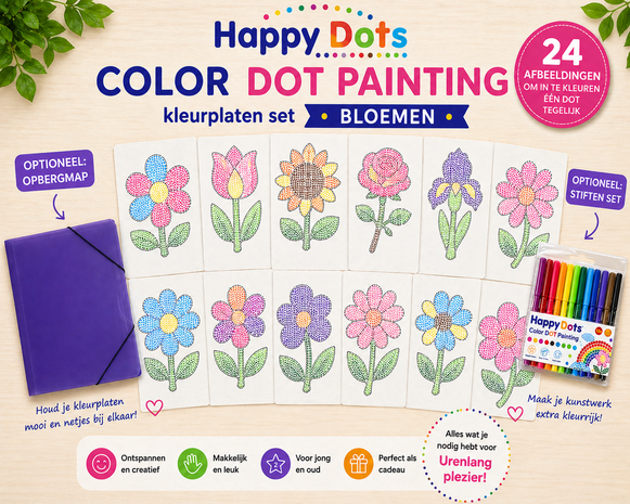 HappyDots Color DOT Painting Coloring Pages Set Flowers
