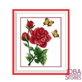 Borduur Pakket Roos met vlinders 14CT Voorbedrukt (26x30cm)