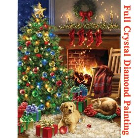 Crystal Diamond Painting Christmas tree with dog and cat (size of your choice)