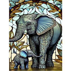 Diamond Painting Stained Glass Elephant with Baby 01