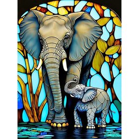 Diamond Painting Stained Glass Elephant with Baby 02