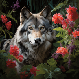 Diamond Painting Wolf among Flowers