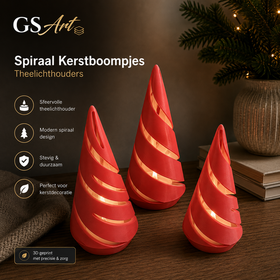 GSArt Spiraal Kerstboompjes Theelichthouders - Set van 3 met LED Theelichtjes - Scharlaken Rood