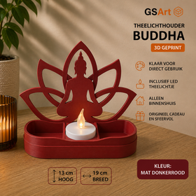 GSArt Theelichthouder Buddha 19cm - Lotus - Inclusief LED Theelichtje - Mat Donkerrood
