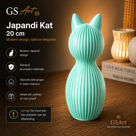 GSArt Japandi Kat 20 cm - Modern 3D Geprint Decoratiebeeld - Zijde Mint