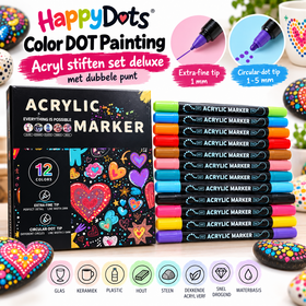 HappyDots Color DOT Painting Acrylic Markers Deluxe – 12 Colors – Dual Tip
