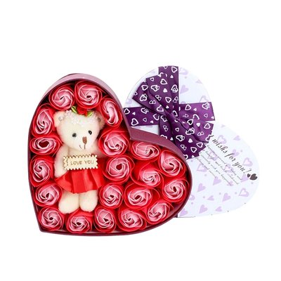 Heart-shaped gift box with soap roses and bear Red - Valentine's Day - Mother's Day