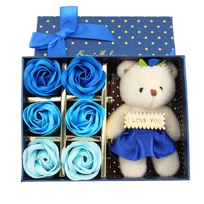 Gift box with soap roses and bear I Love You (Blue) - Mother's Day - Valentine's Day TIP