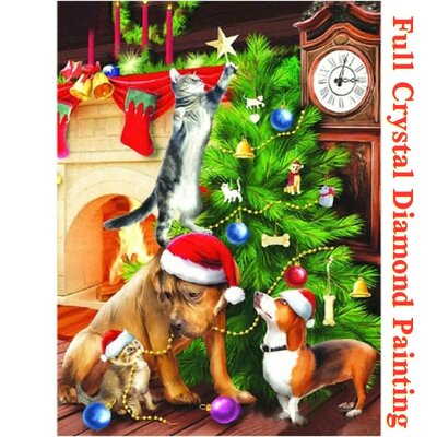 Crystal Diamond Painting Christmas tree with 2 dogs and 2 cats (size of your choice)