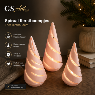 GSArt Spiraal Kerstboompjes Theelichthouders - Set van 3 met LED Theelichtjes - Glanzend Roze