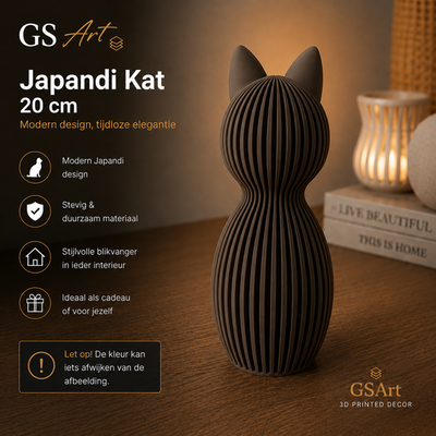 GSArt Japandi Kat 20 cm - Modern 3D Geprint Decoratiebeeld - Chocolade bruin