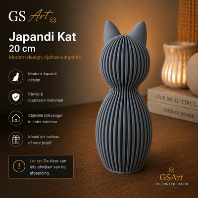 GSArt Japandi Kat 20 cm - Modern 3D Geprint Decoratiebeeld - Mat Asgrijs