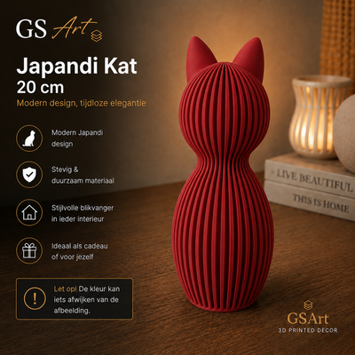 GSArt Japandi Kat 20 cm - Modern 3D Geprint Decoratiebeeld - Mat Donker rood