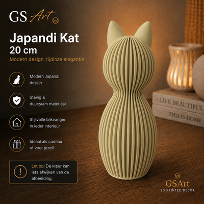 GSArt Japandi Kat 20 cm - Modern 3D Geprint Decoratiebeeld - Mat Woestijnbeige