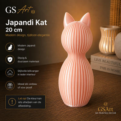 GSArt Japandi Kat 20 cm - Modern 3D Geprint Decoratiebeeld - Zijde Roze