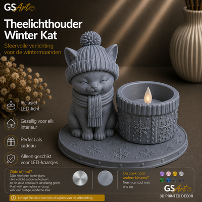 GSArt Theelichthouder Winter Kat - Inclusief LED-kaarsje - Mat Asgrijs