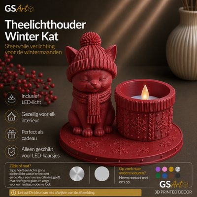 GSArt Theelichthouder Winter Kat - Inclusief LED-kaarsje - Mat Donkerrood