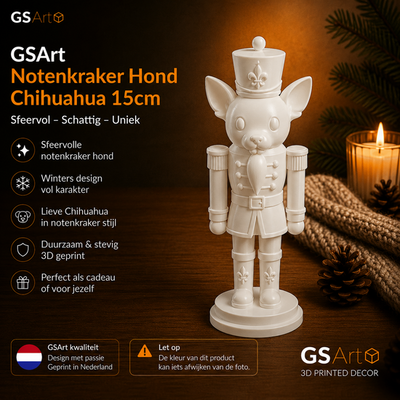GSArt Notenkraker Kerst Hond Chihuahua 15 cm - Kerstdecoratie - 3D Geprint Beeld - Zijde Wit