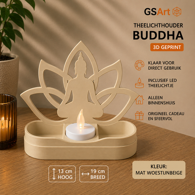 GSArt Theelichthouder Buddha 19cm - Lotus - Inclusief LED Theelichtje - Mat Woestijnbeige