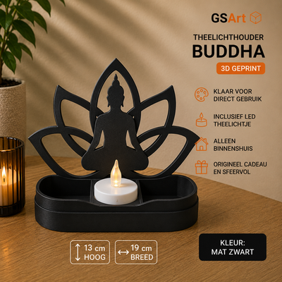 GSArt Theelichthouder Buddha 19cm - Lotus - Inclusief LED Theelichtje - Mat Zwart