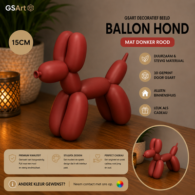 GSArt Decoratief Beeld Ballon Hond - 3D Geprint - Moderne Woondecoratie - 15cm Mat Donkerrood