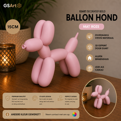 GSArt Decoratief Beeld Ballon Hond - 3D Geprint - Moderne Woondecoratie - 15cm Mat Roze