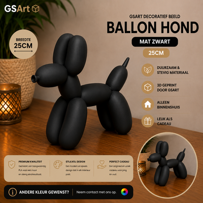 GSArt Decoratief Beeld Ballon Hond - 3D Geprint - Moderne Woondecoratie - 25cm Mat Zwart