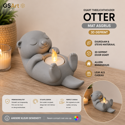 GSArt Theelichthouder Otter - Decoratieve Otter met LED Theelichtje - 3D Geprint - Mat Asgrijs