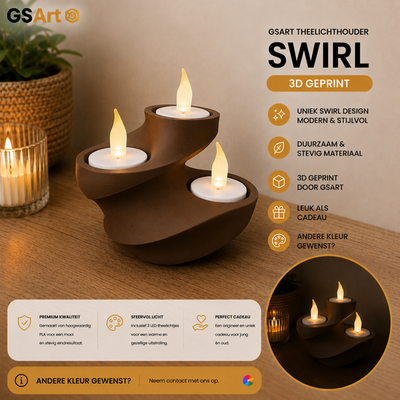 GSArt Theelichthouder Swirl - 3D Geprint - Inclusief 3 LED Theelichtjes - Chocoladebruin
