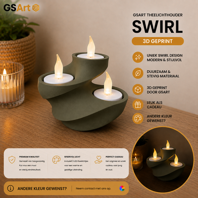 GSArt Theelichthouder Swirl - 3D Geprint - Inclusief 3 LED Theelichtjes - Mat Donkergroen